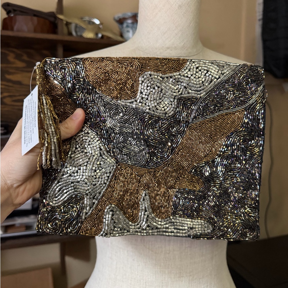 Guadalupe Design Beaded Tassel Clutch Purse, Silver and Gold Abstract Pattern